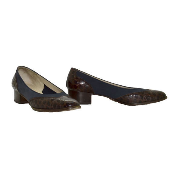 B5 Vntg SALVATORE FERRAGAMO Brown Croc Embossed Leather Block Heel Pumps Sz 7.5 - Picture 2 of 6